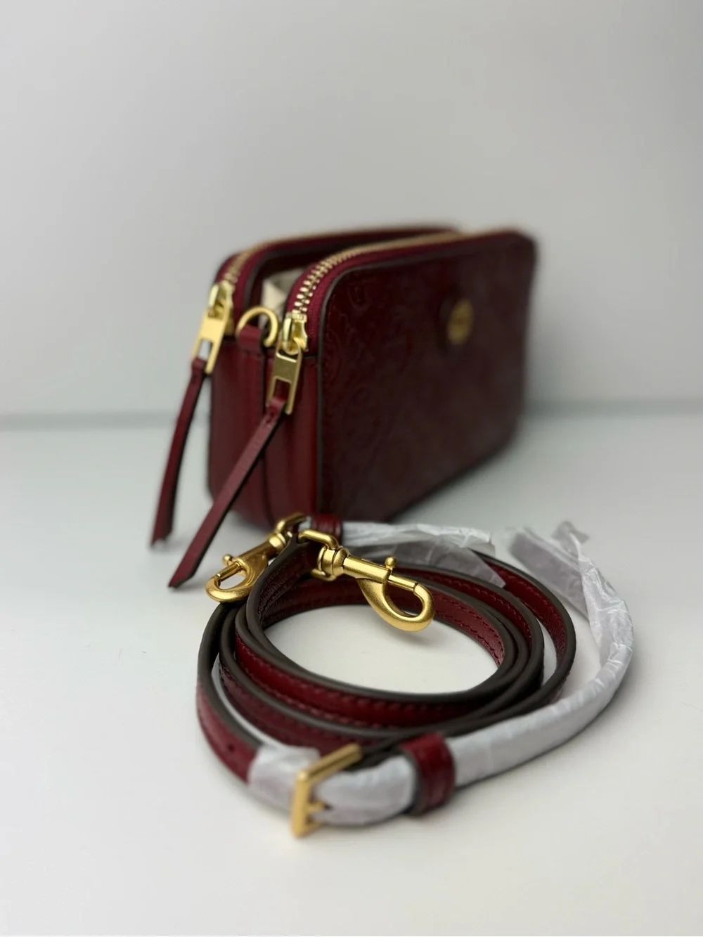 Tory Burch T Monogram Leather Double-Zip Mini Bag Juneberry Red Gold Hardware